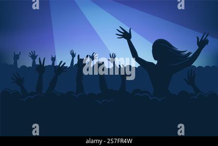 Silhouetten von Menschen, die Hände heben und bei Konzerten, Festivals oder musikalischen Aufführungen tanzen. Jugendliche und Erwachsene genießen Musik und Clubbing. Feiern und ausruhen. Zeichentrick flache Stil Vektor Illustration. Jugendsilhouette auf Musikkonzerten oder Festivals Stock Vektor