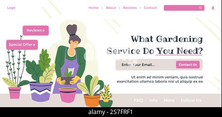 Gärtner-Wartung und Unterstützung durch professionellen Spezialisten. Whaqt Gartenservice brauchen Sie. Geben Sie Ihre E-Mail-Adresse online ein. Website-Seite, Vorlage für Internet-Landing-Site. Vektor in abgewickelter Form. Was für einen Gartendienst brauchst du, Gärtner Web Stock Vektor