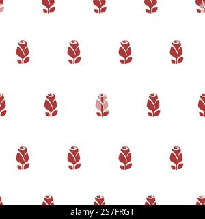 Blühendes Rosenmotiv, rote blühende Blumen mit Stielen, Blättern und Blütenblättern. Minimalistische Flora und elegante Dekoration. Nahtloser Musterdruck oder Hintergrundhintergrund. Vektor in abgewickelter Form. Minimalistisches Blumendesign, nahtloser Mustervektor Stock Vektor