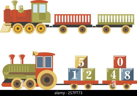 Lokomotivspielzeug für Kinder, isoliertes Holzspielzeug mit Würfeln. Niedlicher Miniaturzug für Kleinkinder und Kleinkinder zum Spielen. Spiele und Eisenbahnmotive, Shop- oder Ladensortiment. Vektor in abgewickelter Form. Kinder Zug oder Lokomotive, Spielzeug für Kinder Vektor Stock Vektor
