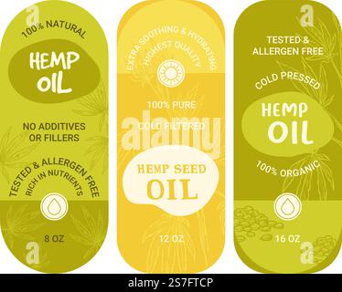 Natürliches und organisches Hanföl, kaltgefiltert, keine Zusätze oder Füllstoffe. Getestete und allergenfreie Produkte, Etiketten oder Embleme für Verpackungen. Papieraufkleber mit Gewicht und Details. Vektor in abgewickelter Form. Hanföl, Embleme oder Etiketten für Verpackungen Logo Stock Vektor