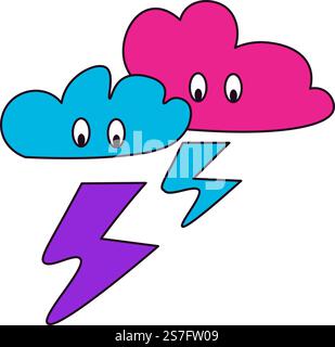 Bewölkt Charaktere mit Gesichtsausdrücken und Donnerschrauben. Isolierte Kritzelfiguren, Klima- oder Wetterveränderungen. Sturm oder Regen, Aufkleber oder kindliche Persönlichkeiten. Vektor in abgewickelter Form. Kritzele Charaktere, Wolken und Donner Bolts Vektor Stock Vektor