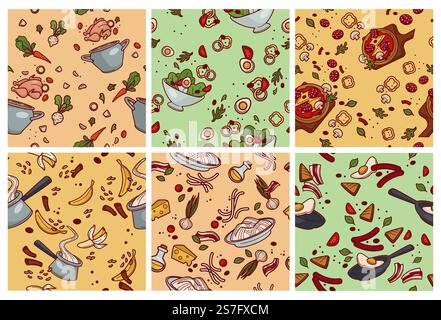 Dekorationsdesign im Hintergrund mit Essenselementen. Flache Essenskollektion mit dekorativem Muster, Vektorillustration. Nahtloses Banner mit Frühstück und Abendessen im Restaurant, farbenfrohe Kulisse. Dekorationsdesign im Hintergrund mit Essenselementen Stock Vektor