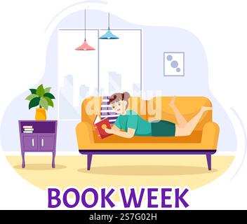 Book Week Events Vector Illustration with people reading or Students Study Textbooks in Flat Cartoon Hand Drawing Landing Page Templates Stock Vektor