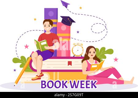 Book Week Events Vector Illustration with people reading or Students Study Textbooks in Flat Cartoon Hand Drawing Landing Page Templates Stock Vektor