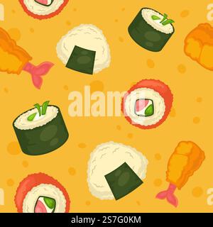Nahtloses Sushi-Design mit japanischer Küche und Gerichten, Speisen zum Frühstück oder Abendessen. Onigiri und Brötchen mit Nori-Unkraut und Lachs, rotem Fischfilet und Avocado. Vektorabbildung in abgewickelter Form. Sushi nahtlose japanische Küche und Küche Stock Vektor