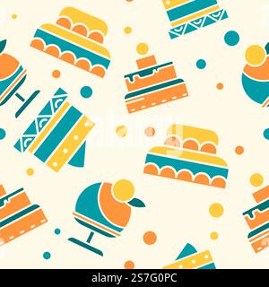 Desserts aus einer Bäckerei oder einem Geschäft. Leckere Kuchen und Eis mit Mousse. Köstliches Essen für besondere Anlässe und Feiertage. Nahtloses Muster, Druck oder Hintergrund. Vektor in abgewickelter Form. Kuchen und Desserts mit Creme- und Moussedruck Stock Vektor