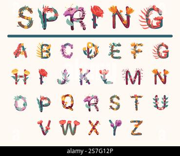 Typografie mit Blumendesign und Blattdekoration. Kreatives Alphabet mit Frühling, Sommer Natur Elemente, Vektor Illustration. Buchstaben mit Blütenpflanzen, Blumen und Blütenblättern. Typografie mit floralem Blattdekor Stock Vektor