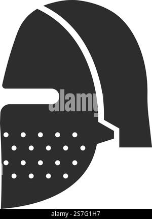 Helm zum Schutz des Kämpfers vor Wunden im Kampf oder Kampf. Kriegs- und Schlachtfeldmaske aus Metall. Mittelalterliche oder antike Krieger- oder Ritterausrüstung isolierte monochrome Ikone. Vektor in abgewickelter Form. Alter Ritter oder Krieger Metallhelm, Vektor Stock Vektor