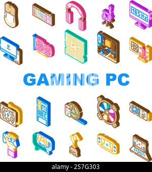 Spiel pc Computer Gaming Symbole setzen Vektor. Play-Technologie Video digital, Gerät Player Gamer Unterhaltung Joystick Controller Spiel pc Computer Gaming isometrische Zeichen Illustrationen. Spiel pc Computer Gaming Symbole setzen Vektor Stock Vektor
