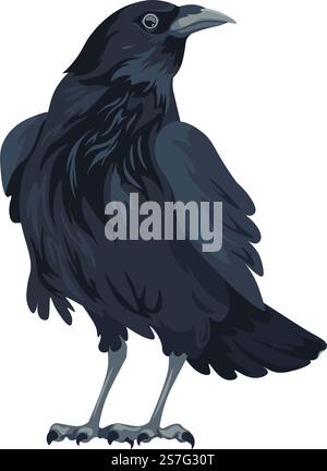 Rabe oder Turm sitzend, isolierter großer schwarzer Vogel. Krähe mit scharfem Schnabel und Klauen, Wälder oder Waldlebensräume, Artenvielfalt oder Fauna. Wildnis und Tierwelt von Vogeltieren. Vektor in abgewickelter Form. Großer schwarzer Vogel, Krähe sitzend, Rabe oder Turm Stock Vektor