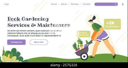 Gartendienst und Wartung, buchen Sie jetzt Service. Online-Angebot und Bewertungen von echten Kunden und Kunden. Kontaktieren Sie uns, wenn Sie mehr erfahren möchten. Website-Seite, Vorlage für Internet-Landing-Site. Vektor in abgewickelter Form. Website für Gartendienste und Wartung buchen Stock Vektor