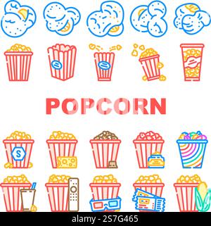 Popcorn Essen Snack Kino Symbole setzen Vektor. Filmmais, Popeimer, Unterhaltungsbox, köstlicher, leckerer Film, rot weiß gestreifte Popcorn Food Snack Kino farbige Linien Illustrationen. Popcorn Essen Snack Kino Symbole setzen Vektor Stock Vektor