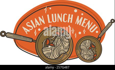 Restaurant oder Diner mit orientalischer Küche, leckeres asiatisches Mittagsmenü. Nudeln mit Gewürzen, köstliche Mahlzeit zum Frühstück und Abendessen. Werbebanner oder Logo für Bistro. Vektor in abgewickelter Form. Asiatisches Mittagsmenü, Restaurant-Logo oder Banner Stock Vektor