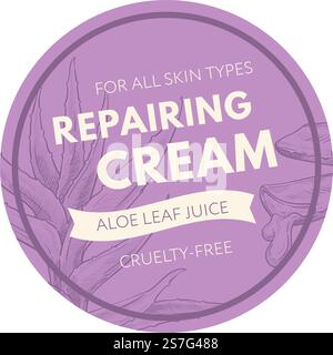 Reparierende Creme mit Aloe-Vera-Blattsaft. Produkt für alle Hauttypen, frei von Grausamkeiten und reinen Inhaltsstoffen. Kosmetik für das Gesicht. Etikett oder Logo, Emblem für Verpackung. Vektor in abgewickelter Form. Für alle Hauttypen, reparierende Creme mit Aloe Stock Vektor