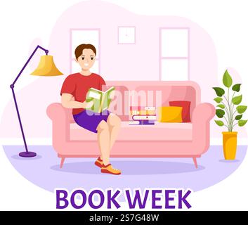 Book Week Events Vector Illustration with people reading or Students Study Textbooks in Flat Cartoon Hand Drawing Landing Page Templates Stock Vektor