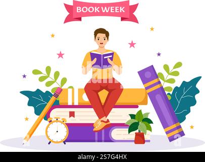 Book Week Events Vector Illustration with people reading or Students Study Textbooks in Flat Cartoon Hand Drawing Landing Page Templates Stock Vektor