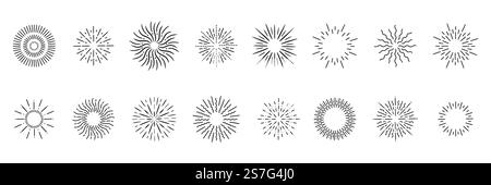 Starburst-Funken. Explosionssymbol, Sonnenlogo mit Stern oder Sonnenschliff, Radialstrahl mit Liniengrafik. Strahlendes Lichtlicht. Einfache Outline-Kollektion für Deko Stock Vektor