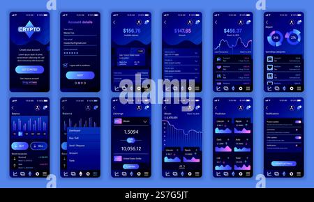 Set aus UI-, UX-, GUI-Bildschirmen Cryptocurrency App Flat Design Template für mobile Apps, responsive Website Wireframes. Web-Design-UI-Kit. Cryptocurrency Dashboard. Stock Vektor