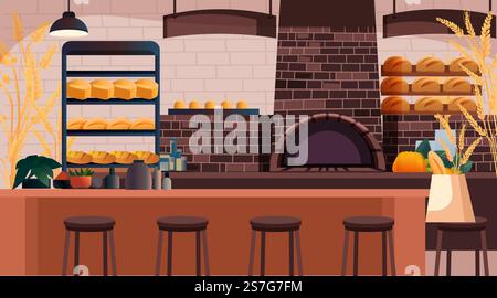 Bäckerei mit Brotregalen gemütliche Café-Szene mit Backofen Barhocker dekorative Pflanzen und Weizen warme Farben einladende Atmosphäre Stock Vektor
