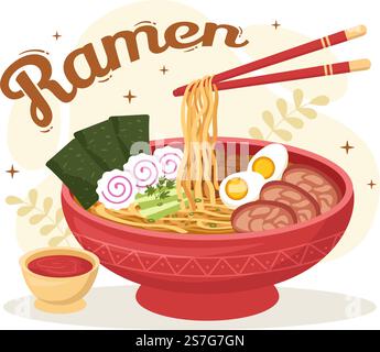 Ramen-Vektor-Illustration japanischer Speisen mit Nudeln, Chopsticks, Miso-Suppe, gekochten Eiern und gegrilltem Nori in flachen, handgezeichneten Cartoon-Vorlagen Stock Vektor