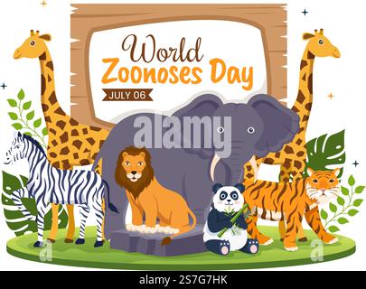 World Zoonoses Day Vector Illustration am 6. Juli mit verschiedenen Tieren, die sich im Wald in flachen Cartoon handgezeichnete Landing Page Templates befinden Stock Vektor