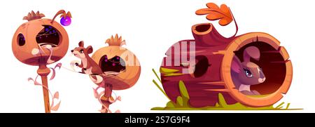 Waldtiere in Baumlöchern isoliert auf weißem Hintergrund. Vektor-Cartoon-Illustration der Maus, die in Mohnhaus lebt, verschlafenes Kaninchen, das sich im hohlen Baumstamm versteckt, Herbstlaub, grünes Gras, Wildtiere Stock Vektor