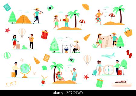 Abenteuertourismus-Paket mit flachen Szenen. Camping im Wald, Sommerurlaub am Strand abgelegen. Die Leute sonnen sich, trinken Cocktails, pflücken Pilze. Reisende Touristen Karikaturvektor Illustration. Stock Vektor