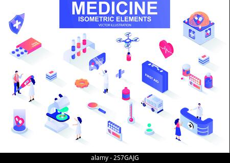 Arzneimittelbündel isometrischer Elemente. Erste-Hilfe-Kasten, Medizin, Arzt, Laborforschung, Pharmazie, isolierte Symbole für Krankenwagen. Isometrischer Vektor-Illustrationskit mit Personenzeichen. Arzneimittelbündel isometrischer Elemente. Stock Vektor
