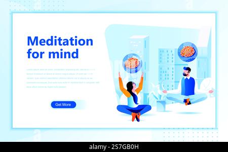 Meditation for Mind Flat Webseite Design Vorlage für Homepage oder Header Bilder dekoriert Menschen für Website und mobile Website Entwicklung. Vorlage für flache Landing-Page. Vektorabbildung. Stock Vektor