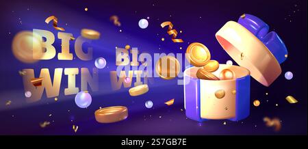 Großes Gewinnbanner mit Geschenkbox und Geld auf dunkelblauem Hintergrund. Realistische Vektor-Illustration der offenen runden Box mit Schleife, goldenen Münzen, Konfetti und Streamer fliegen, Banner mit Burst-Effekt Stock Vektor