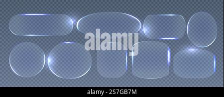 Neonglas-Rahmenkollektion mit leuchtenden geometrischen Elementen – blaue, durchscheinende Formen mit strahlenden Rändern vor dunklem Hintergrund. Verschiedene Rechteck-, Kreis- und abgerundete Designs mit leuchtenden Kanten. Stock Vektor