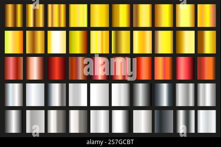 Set aus metallischen Farbverläufen. Kollektion aus Gold-, Silber- und Bronzehintergründen. Vektor Stock Vektor