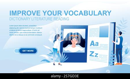 Flache Landingpage mit Kopfzeile zur Verbesserung des Vokabulars. Neue Wörter und Sätze lernen, Literatur lesen. Layout der Website des Online-Wörterbuchs, Banner-Vektorvorlage für Fremdsprachenkurse Stock Vektor