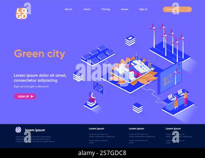 Grüne isometrische Landingpage der Stadt. Umweltschutz und Sicherheit, erneuerbare Ressourcen und grüne Energietechnologie Isometrie Webseite. Flache Vorlage der Website, Vektorillustration mit Personenzeichen Stock Vektor