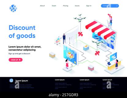 Preisnachlass für isometrische Landingpage. Saisonale Rabatte und Sonderangebote, Einzelhandelswerbung und Isometrie für Verkaufsangebote. Website flache Vektor-Illustration mit Personen Zeichen. Stock Vektor