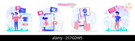 Szenenset für das Konzept der Beförderung. Marketer zieht neue Kunden mit Boni, Rabatten, großem Angebot und Sonderangeboten an. Sammlung von Personenaktivitäten. Vektorabbildung von Zeichen in flacher Form Stock Vektor