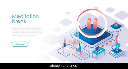 Meditationsunterbrechung isometrische Landing-Page-Vektorvorlage. Mitarbeiter Wohlbefinden Pflege Website Homepage UI Illustrationslayout. Geschäftspause, entspannende Yoga-Übungen, Web-Banner-Isometrie-Konzept. Meditationsunterbrechung isometrische Landing-Page-Vektorvorlage Stock Vektor