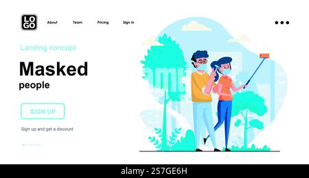 Webkonzept für maskierte Personen. Paare in Schutzmasken im Park, Selfie machen, Coronavirus-Epidemie. Vorlage für Personenszenen. Vektorillustration mit Charakteraktivitäten in flachem Design für Website Stock Vektor