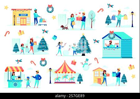 Winterfestival-Paket mit flachen Szenen. Festlicher Karneval, Vergnügungspark isoliert Set. Karussell, Süßwarenladen, Schneemann und Geschenke. Familie Shopping und spielen im Freien Cartoon Vektor Illustration. Stock Vektor