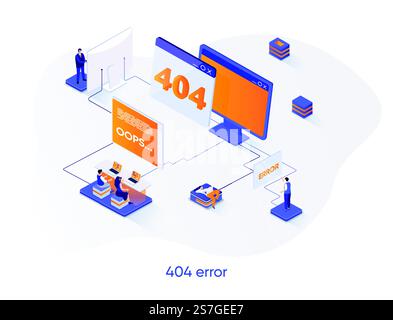 404 Fehler isometrisches Webbanner. System-Updates, Isometriekonzept für die Internetverbindung. Webseite nicht gefunden 3D-Szene, Site wird gewartet flaches Design. Vektorillustration mit Personenfiguren. Stock Vektor