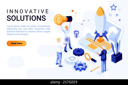 Innovative Lösungen Landing-Page-Vektorvorlage mit isometrischer Illustration. Layout der Homepage für kreatives Unternehmertum mit Isometrie. Brainstorming und Entwicklung von 3D-Webseiten Stock Vektor