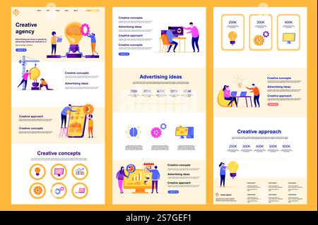 Flache Landingpage für kreative Agenturen. Ideengenerierung, Design und Kreativität Corporate Website Design. Webbanner-Vorlage mit Kopfzeile, mittlerem Inhalt und Fußzeile. Vektorillustration mit Personenfiguren. Stock Vektor