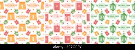 Set von Happy Islamic New Year Seamless Pattern Design Flat Illustration mit muslimischen Elementen in Vorlage handgezeichnet Stock Vektor