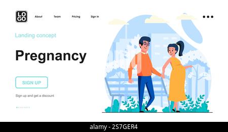 Schwangerschaftswebkonzept. Schwangere Frau und Mann gehen im Stadtpark. Junge Familie erwartet Baby. Vorlage für Personenszene. Vektorillustration mit Charakteraktivitäten in flachem Design für Website Stock Vektor