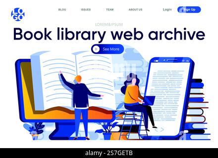 Flache Landingpage für das Webarchiv der Buchbibliothek. Schüler lesen online Bücher am Computer und auf Smartphone-Vektorillustration. Fernunterricht und Wissenswebzusammensetzung mit dem Charakter von Menschen Stock Vektor