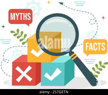 Faktenprüfung Vektordarstellung mit Mythen vs. Fakten News für eine gründliche Überprüfung oder den Vergleich von Beweisen in handgezeichneten Landing-Page-Vorlagen für flache Cartoons Stock Vektor