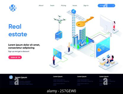Isometrische Landingpage für Immobilien. Immobilieningenieurwesen und Bauunternehmen, Kauf-, Miet- und Hypothekendienstleistungen Isometrie-Webseite. Website-Vorlage, Vektorillustration mit Personenzeichen. Stock Vektor