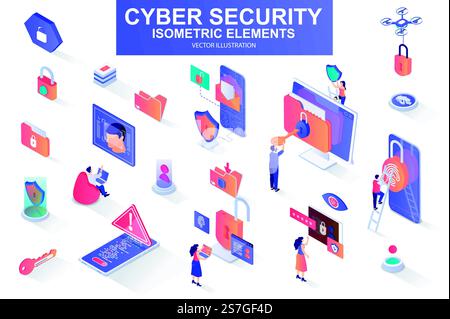 Cyber Security Bundle isometrischer Elemente. Fingerabdruckscanner, Vorhängeschloss, Passwort, Firewall, Datenordner, isolierte Symbole für den elektronischen Sicherheitsschlüssel. Isometrische Vektorillustration mit Personenzeichen. Cyber Security Bundle isometrischer Elemente. Stock Vektor