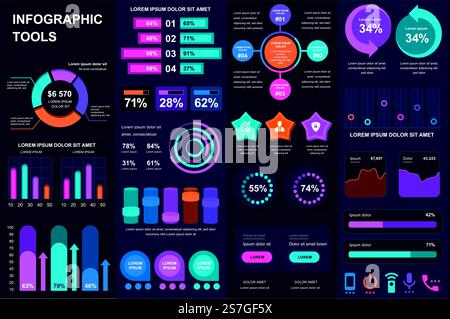 Bundle Infografik-UI, UX, KIT-Elemente. Verschiedene Diagramme, Diagramme, Workflow, Flussdiagramme, Zeitachse, Vorlagen für Schemas, Marketingsymbole, Diagramme und Balken. Vektorinfo Grafik und Infografik Set. Stock Vektor